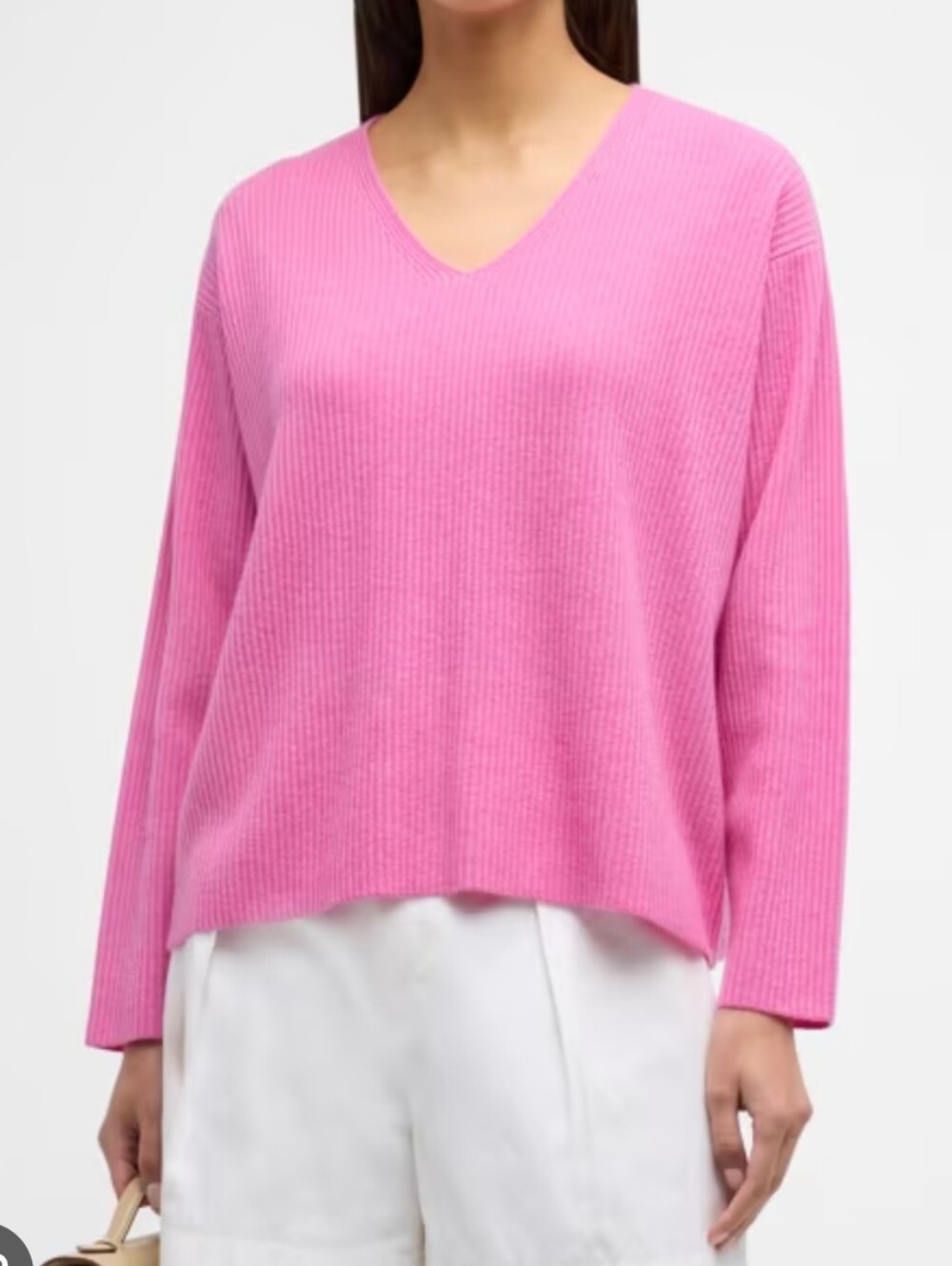 Eileen Fisher Ribbed V-Neck Boxy Cashmere Knit Sweater in Tulip Pink Size Large